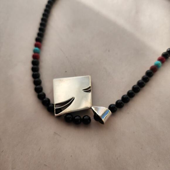 Jay King DTR Necklace Sterling Silver Inlay Turquoise Pendant Black Onyx Beaded - Picture 6 of 9